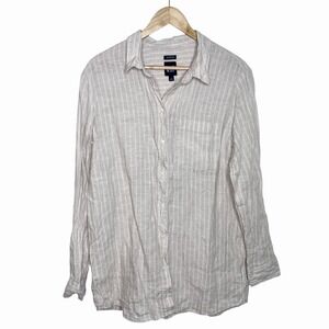 Gap Boyfriend Fit Linen Shirt Tan Striped Womens Sz L Nautical Preppy Fisherman